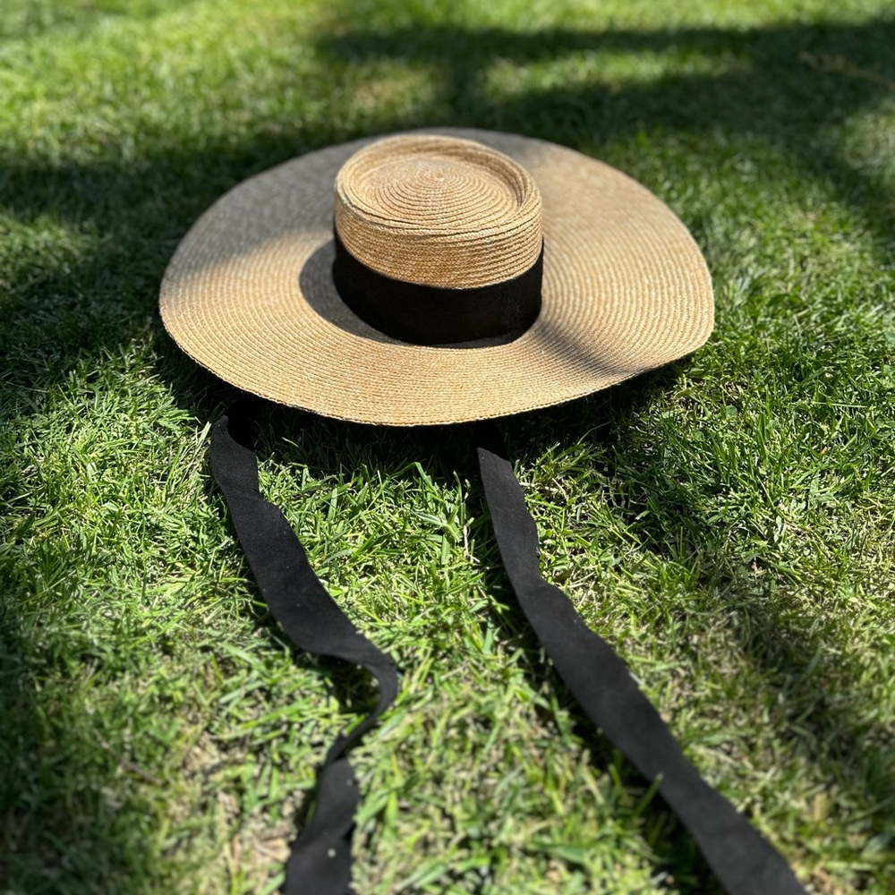 Straw Wide-Brim Sun Hat with Black Ribbon Ties